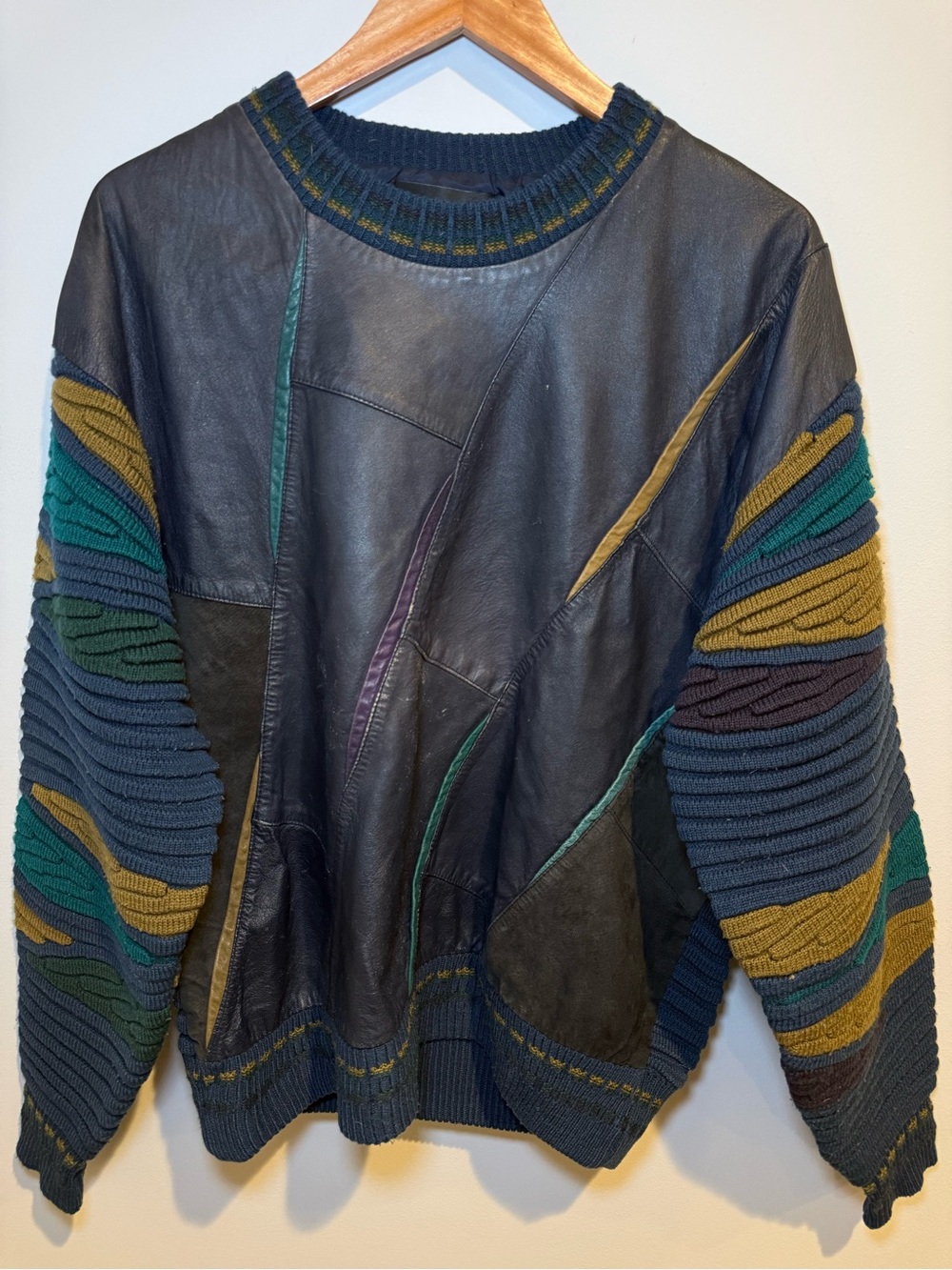 Vintage 80s Saxony Collection Leather 3D Knit Sweater Coogi Style Pullover Sz M